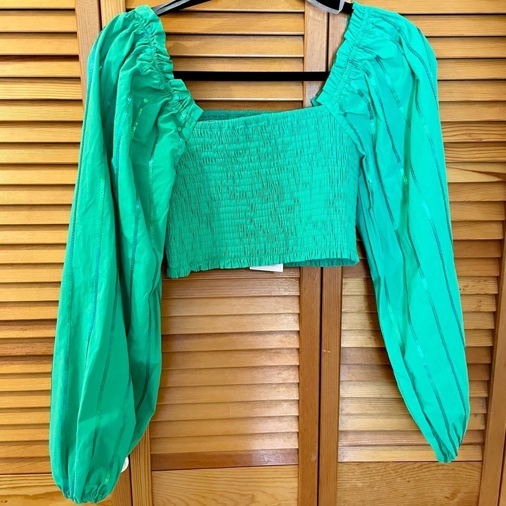 Mainstrip Sequin Smoking Crop Top, Size M, Green, Shirred Top, Long Slee… - Picture 6 of 10